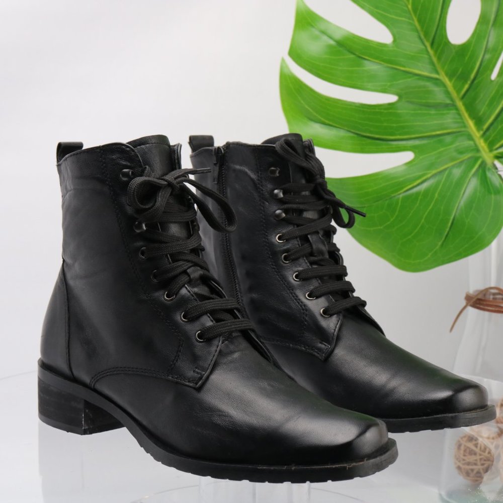 Santana Canada Paddock Ankle Boot Block Heel Lug Sole Black Leather Women 9 Zip